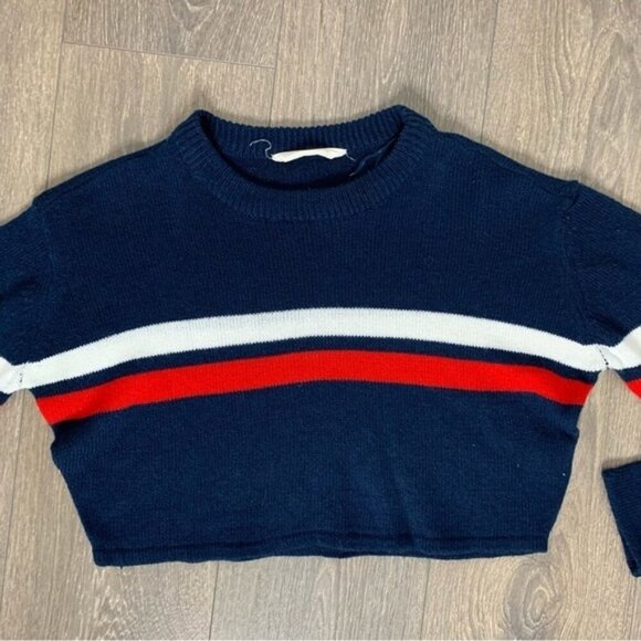 Bluenotes Women's Sweater Top Knit Cropped Stripe Long sleeve Navy Blue Medium - Picture 4 of 11